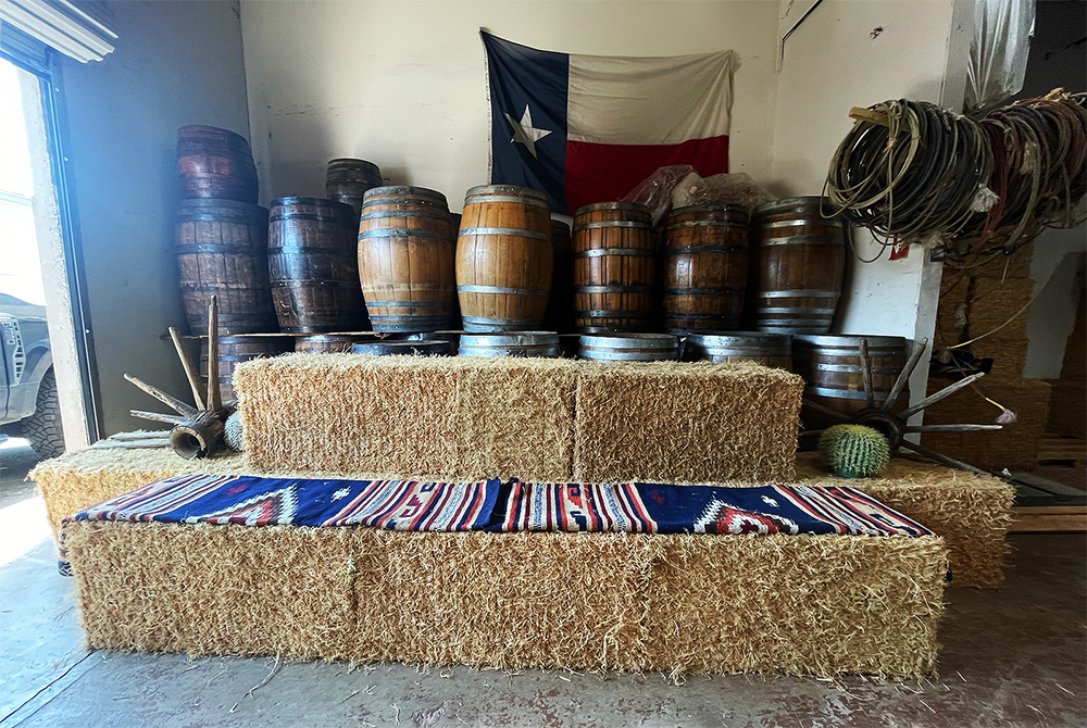 SR Haybales with seating blankets - Whiskey Barrels